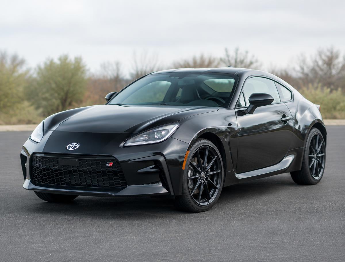 Black 2023 Toyota GR86 Premium coupe shown from the front three-quarter angle